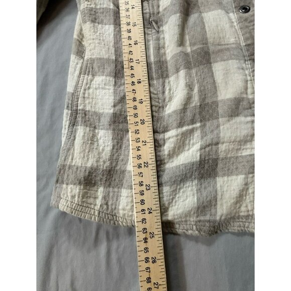 prAna Shirt Womens Medium Gray Beige Plaid Flannel Lined Snap Shacket Outdoor - Picture 2 of 6